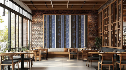 Pattern with scrolling white details and floral motifs.

