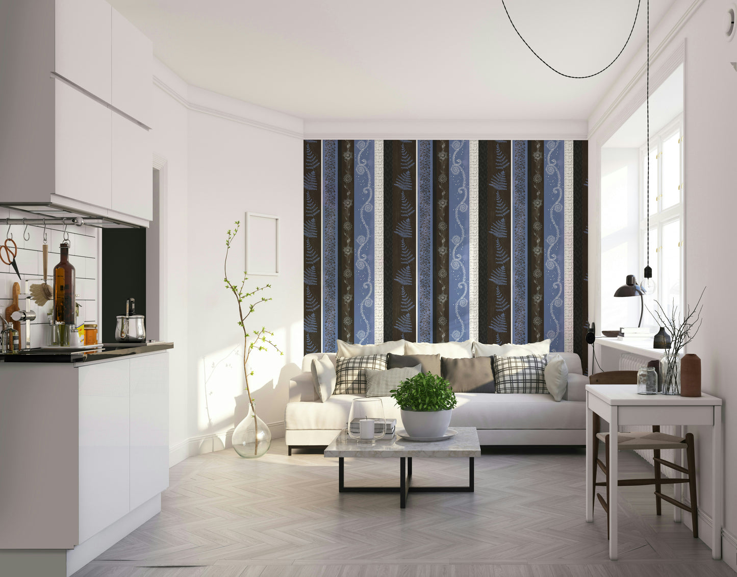 Wallpaper with various vertical stripes and different textures.

