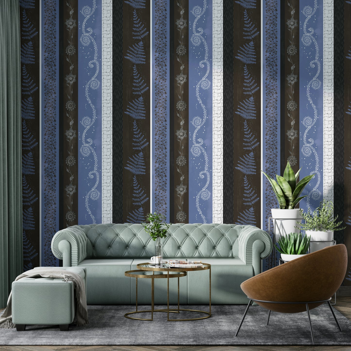 Design featuring abstract fern leaves and floral patterns.

