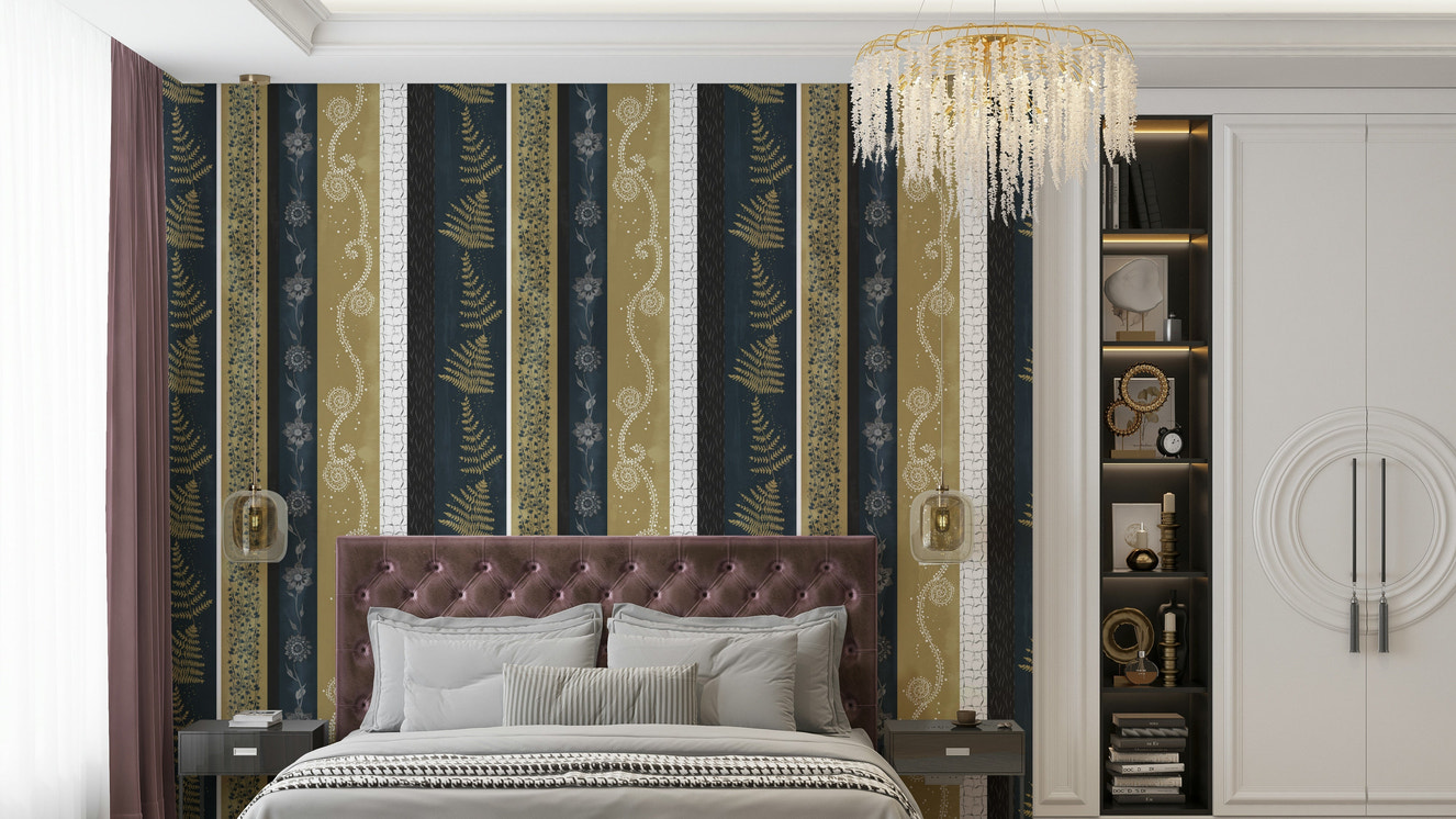 Design featuring abstract fern leaves and floral patterns.

