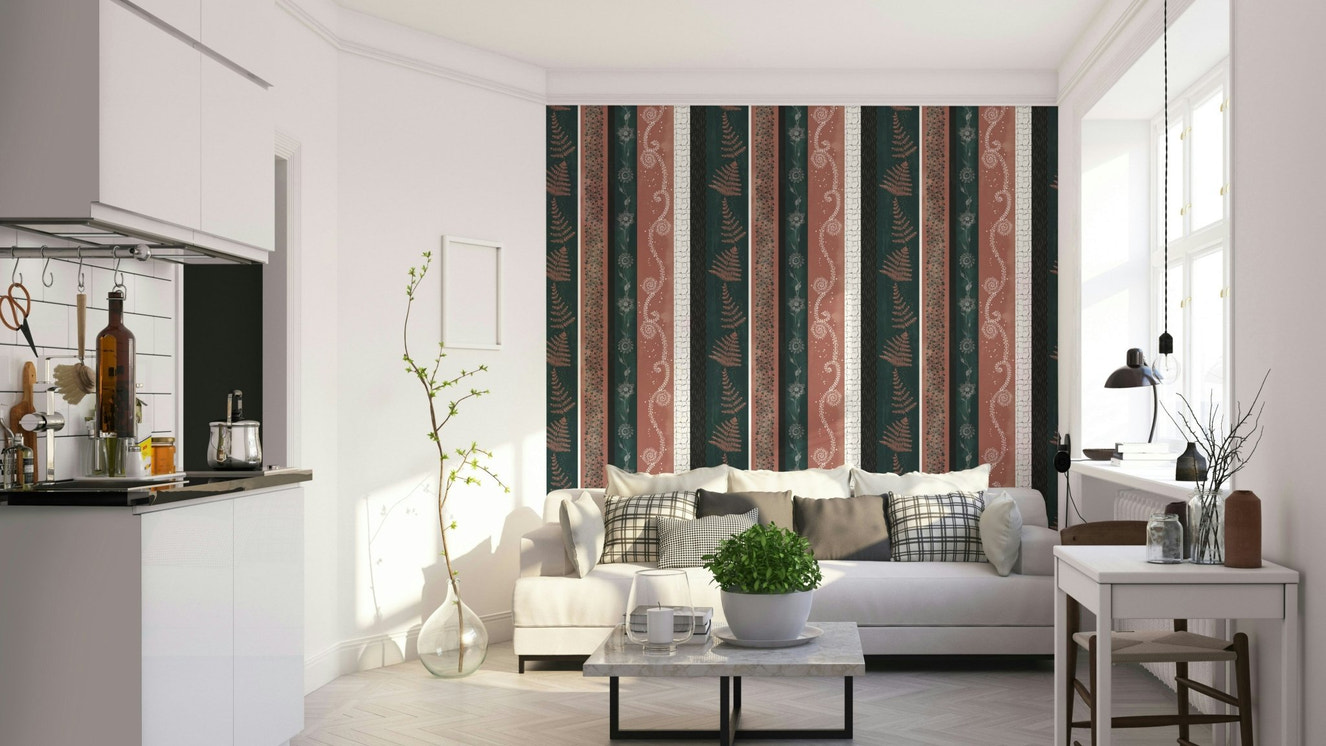 Design featuring abstract fern leaves and floral patterns.

