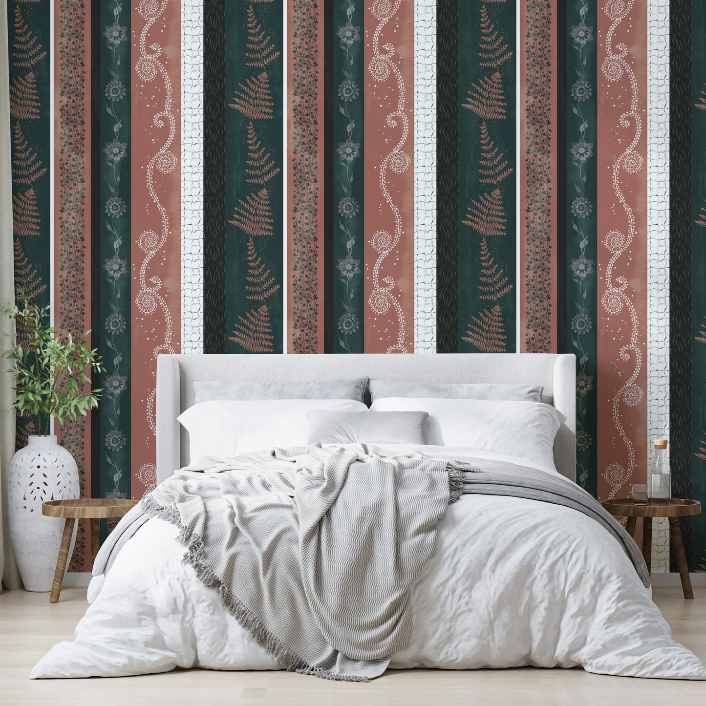 Abstract Nature Stripes wallpaper for a modern living room.


