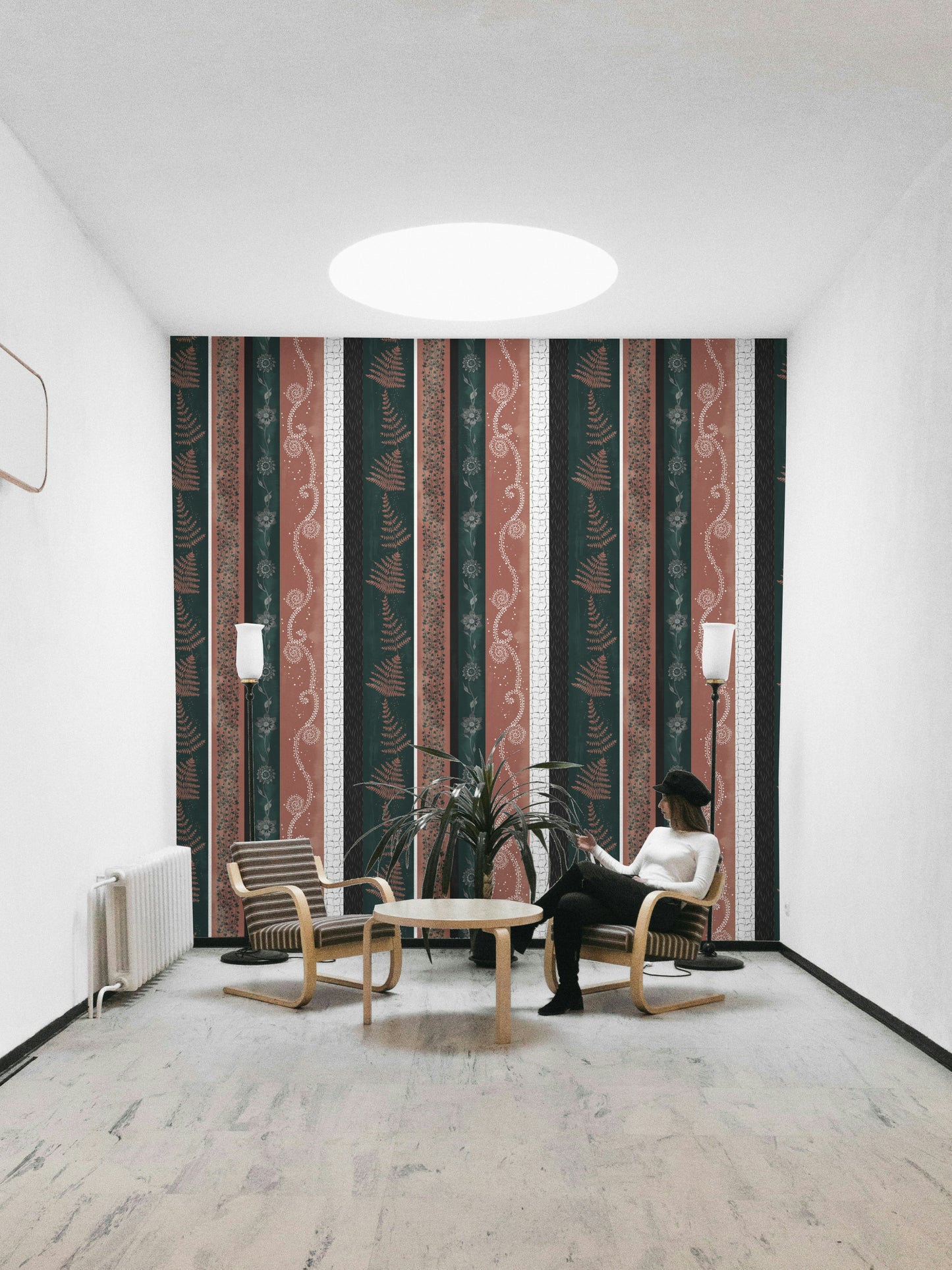 Wallpaper with various vertical stripes and different textures.

