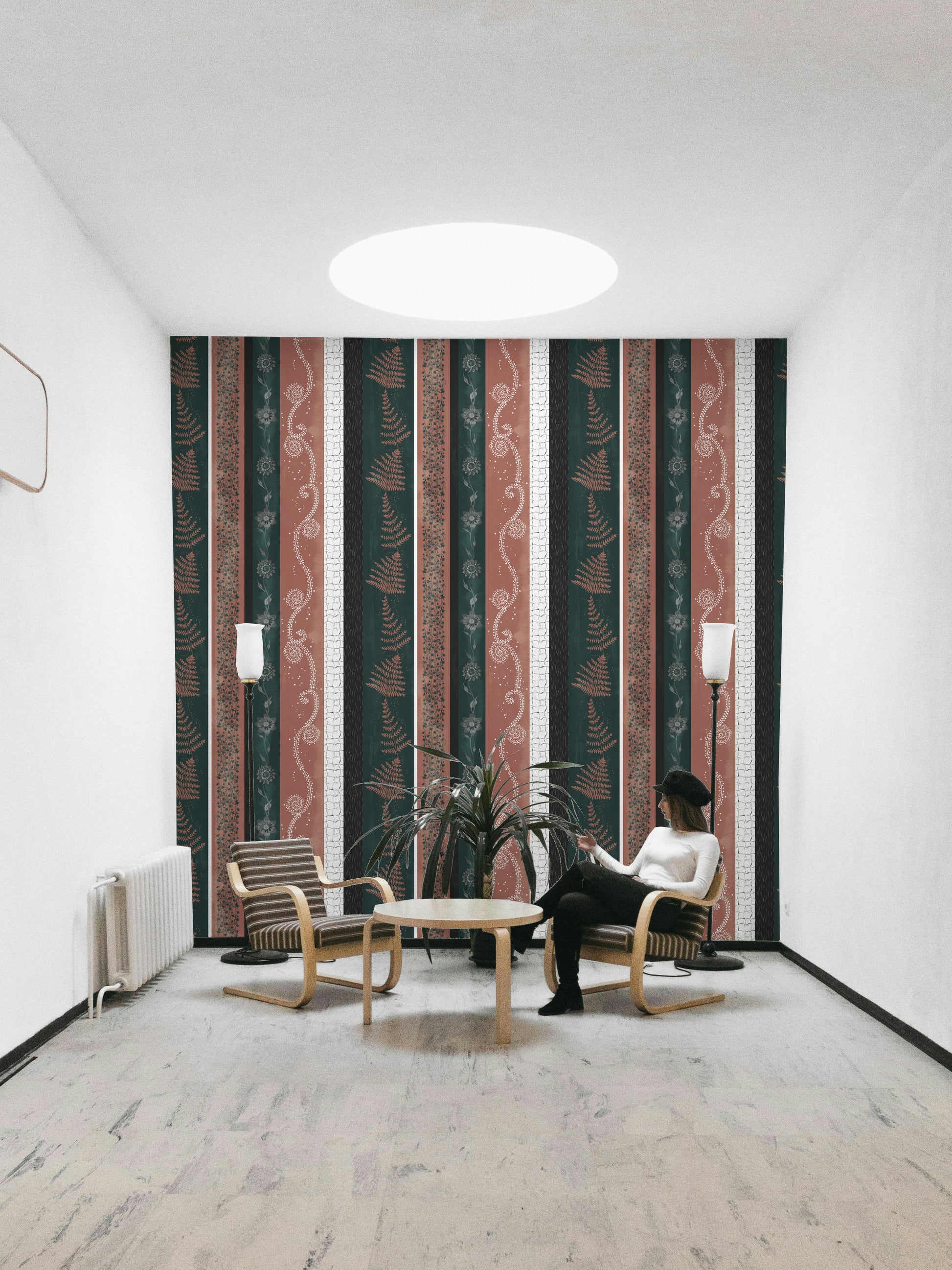 Wallpaper with various vertical stripes and different textures.

