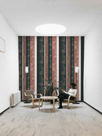 Wallpaper with various vertical stripes and different textures.

