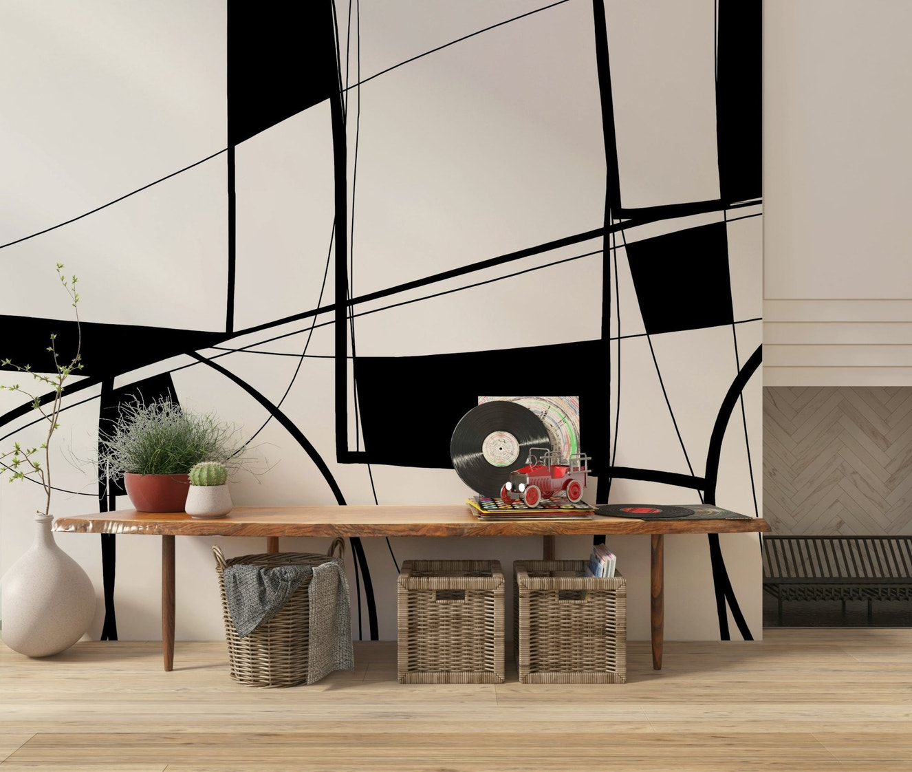 Abstract Noir Lines Wall Mural wallpaper mural in a modern living room setting.