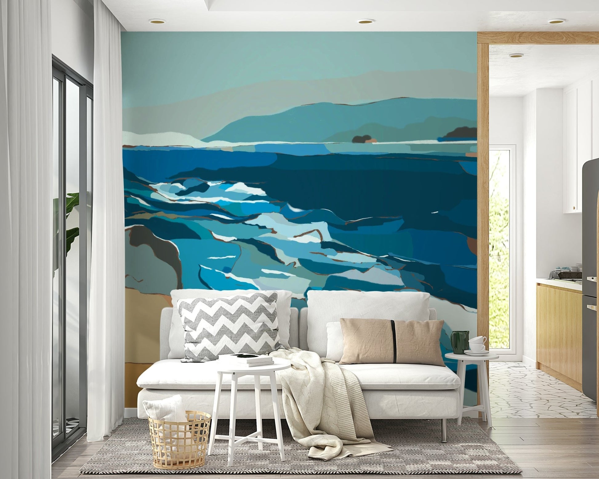 Easy-install abstract ocean blues wall mural

