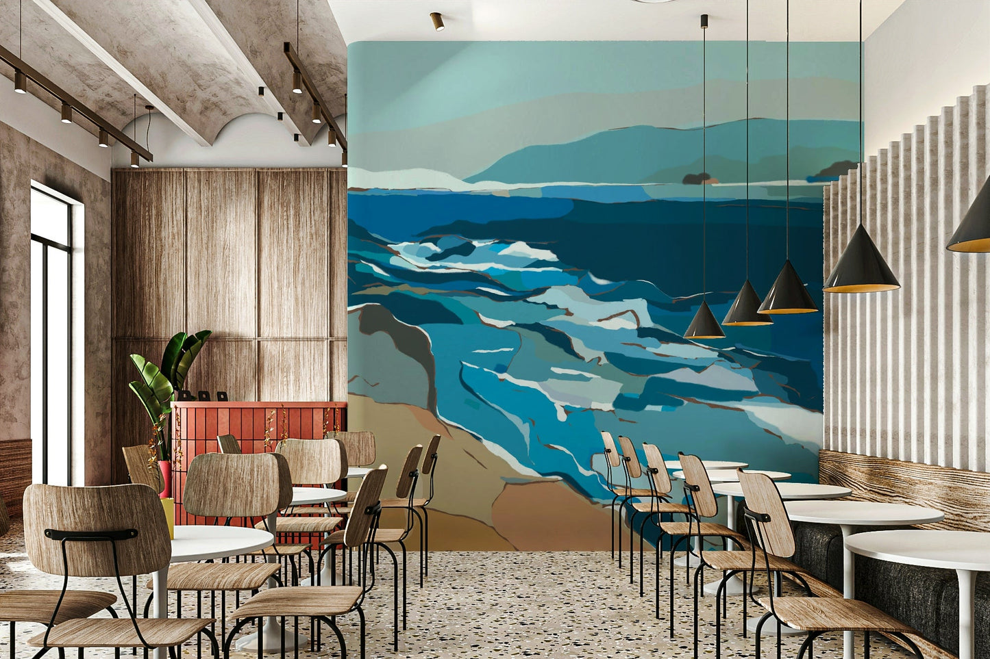 Abstract Ocean Blues wall mural on living room wall

