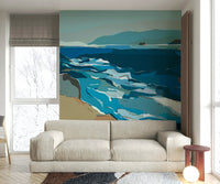 Creative space with flowing blue wallpaper

