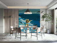 Bedroom decorated with abstract ocean mural

