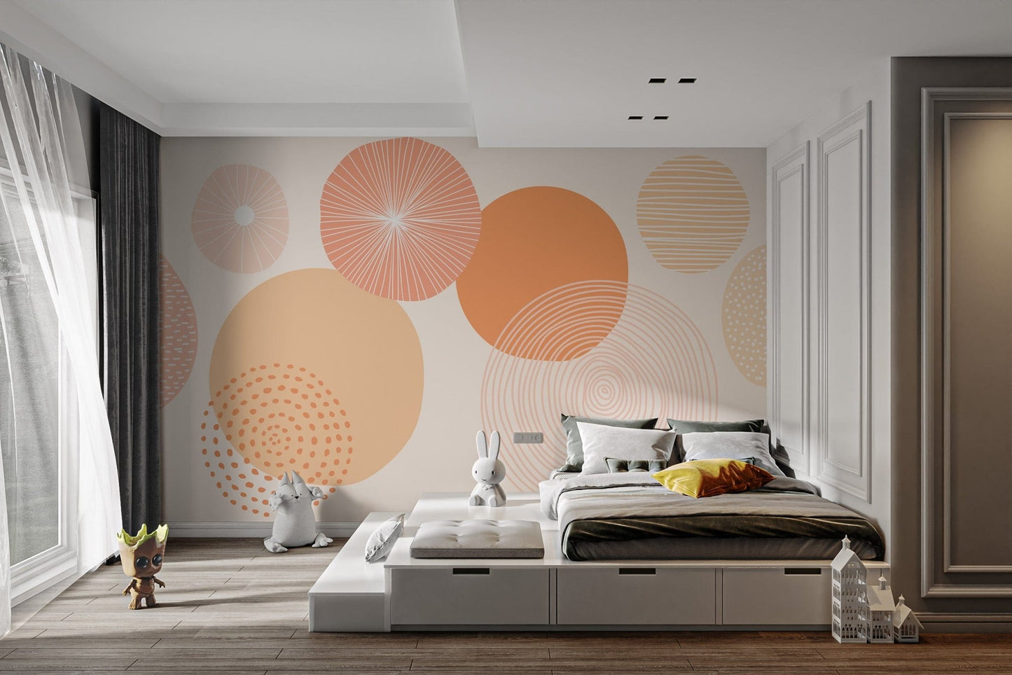 Abstract round shapes in orange wall pattern


