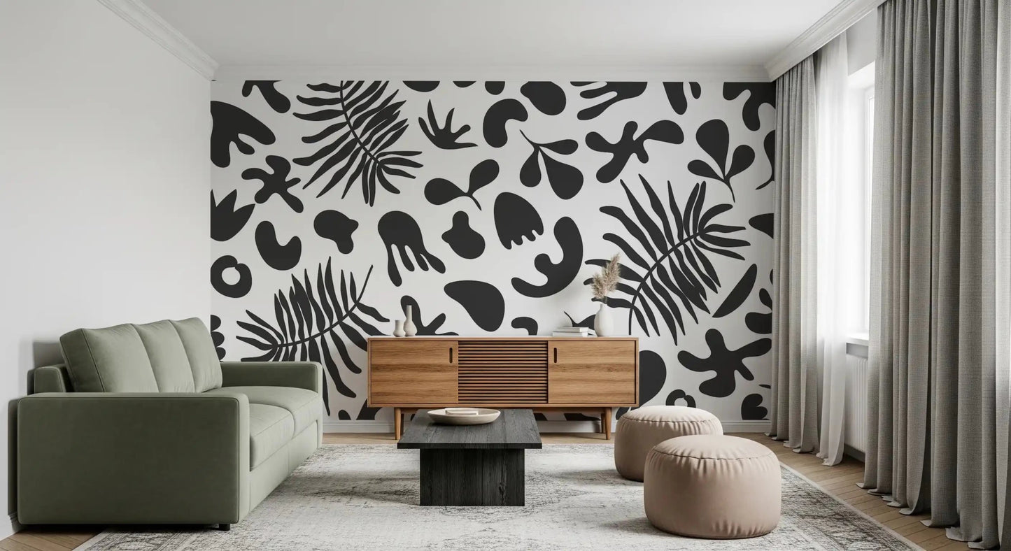 Hallway styled in Black and White wall mural with bold leaf shapes