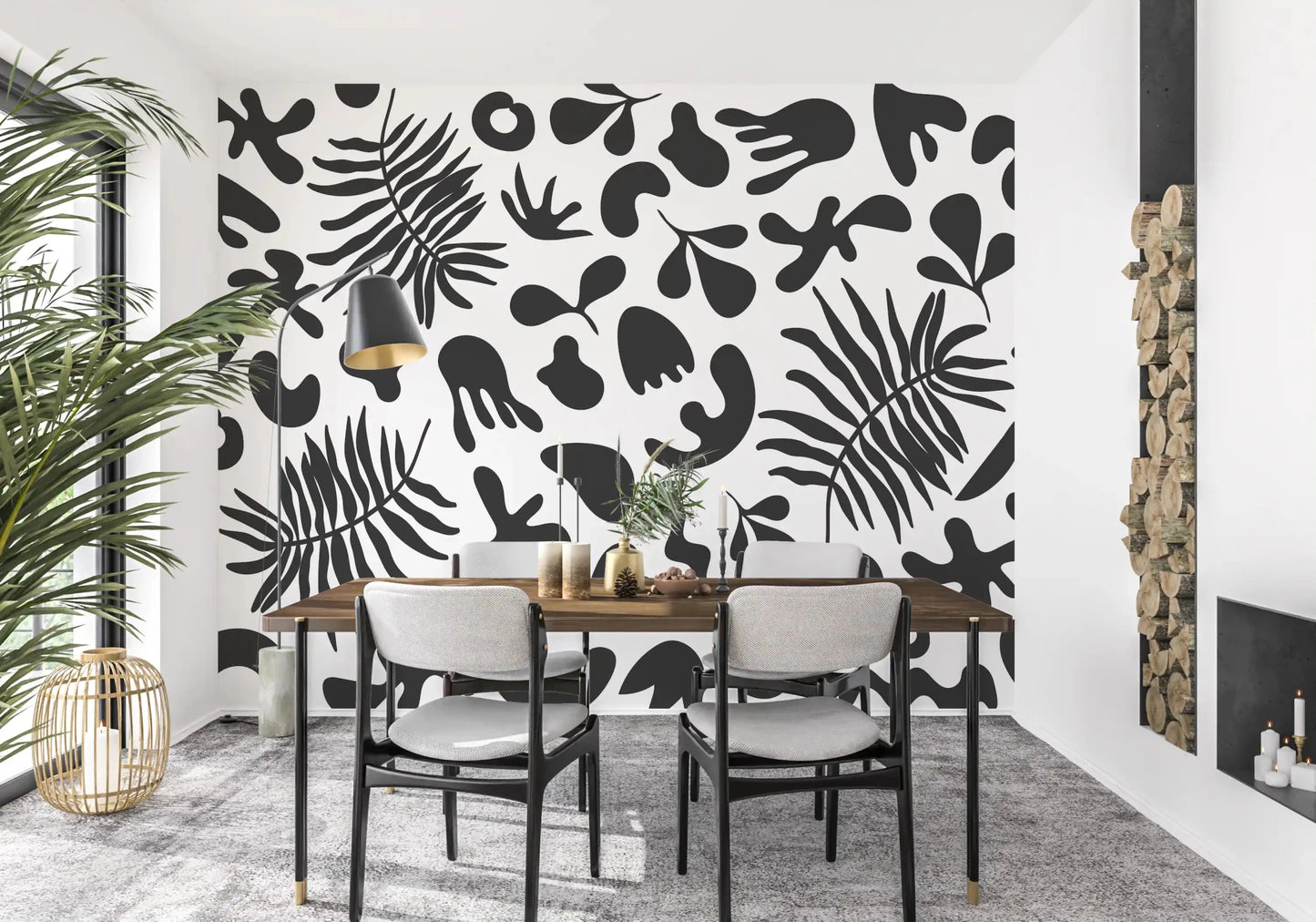 Dining room wall featuring Organic Foliage wall mural in monochrome tones