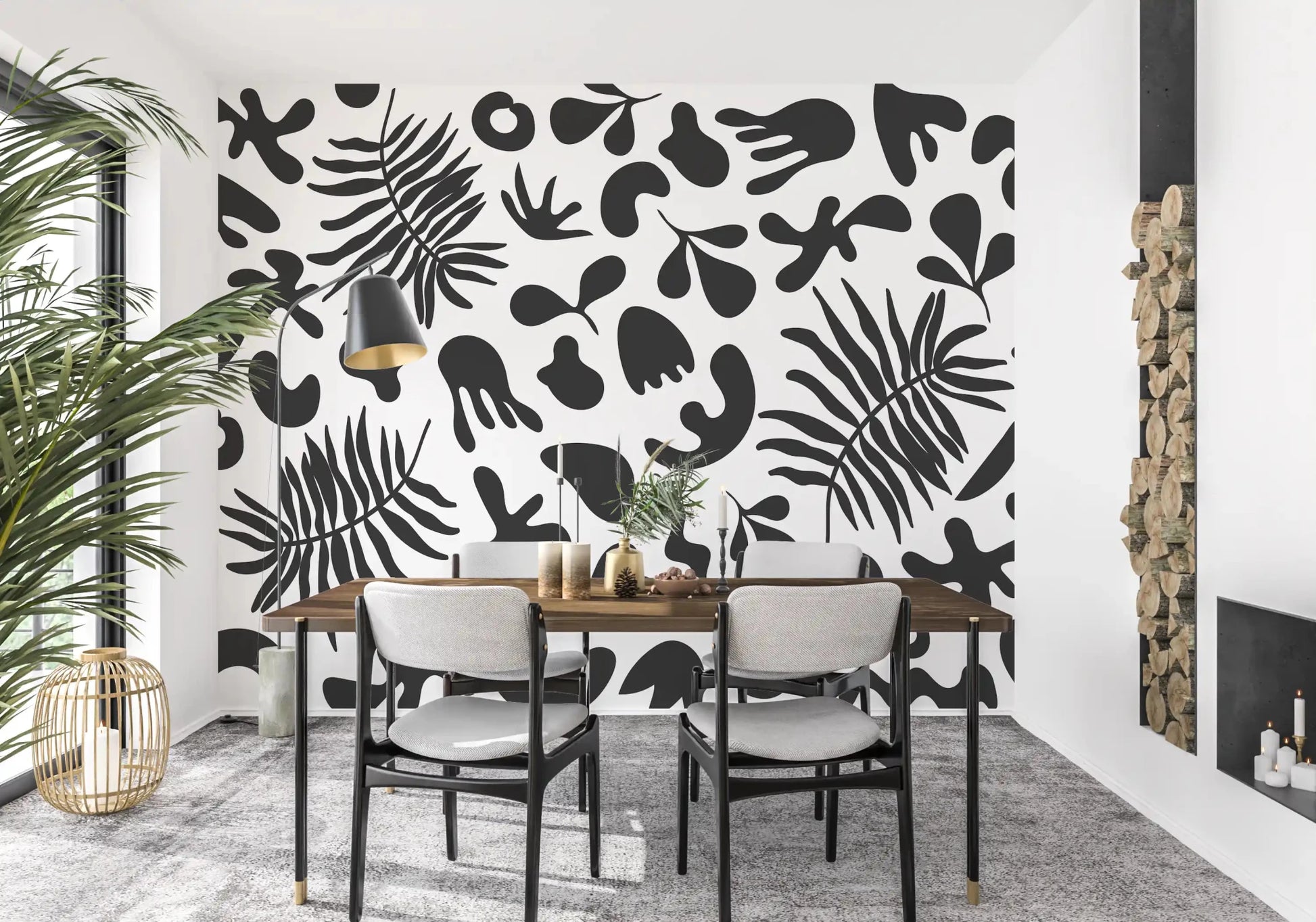 Dining room wall featuring Organic Foliage wall mural in monochrome tones