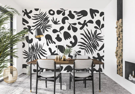 Dining room wall featuring Organic Foliage wall mural in monochrome tones
