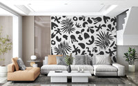 Living room with Abstract Organic Foliage wall mural in black and white