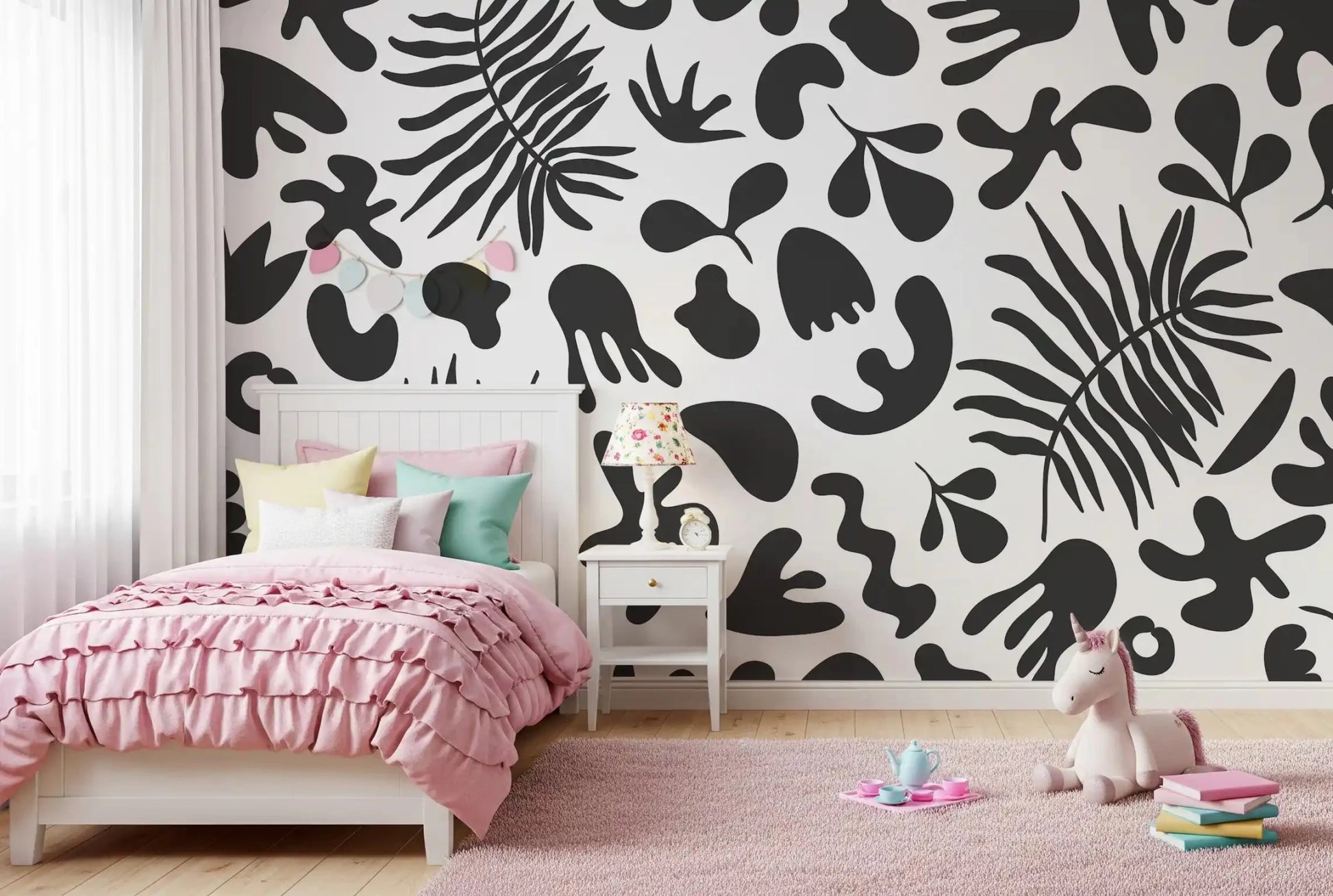 Bedroom finished with Abstract Foliage wall mural and graphic contrast