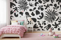 Bedroom finished with Abstract Foliage wall mural and graphic contrast