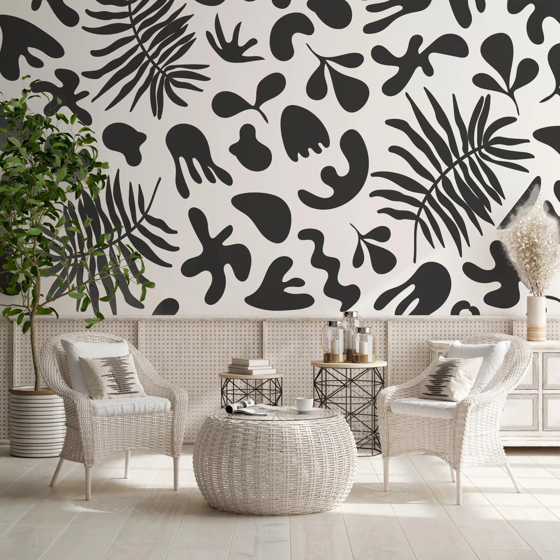 Crisp leaf silhouettes across Black and White wall mural design