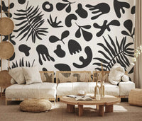 Monochrome leaf shapes define this Black and White wall mural