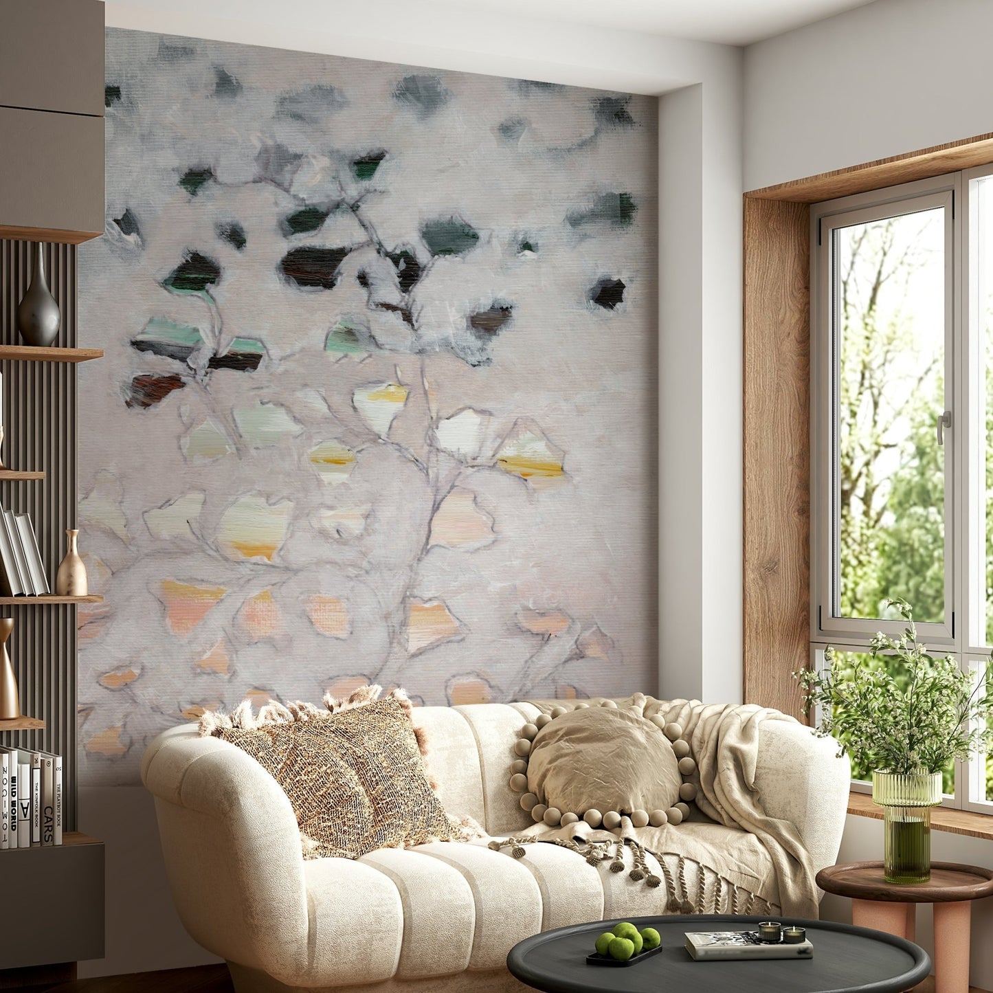 Bedroom decorated with painterly botanicals wallpaper, GD1080