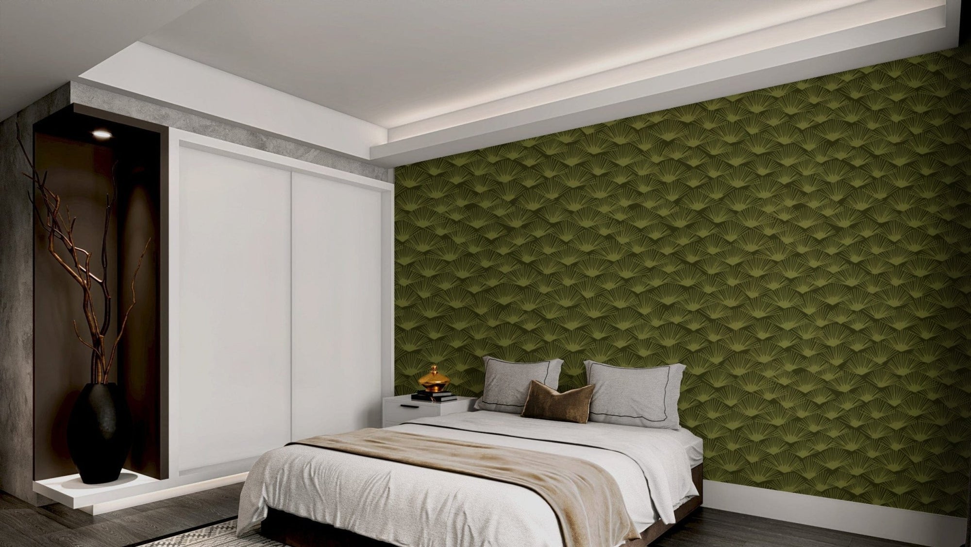 Mystic Moss Fanfare wallpaper with elegant green fan motifs., AN118
