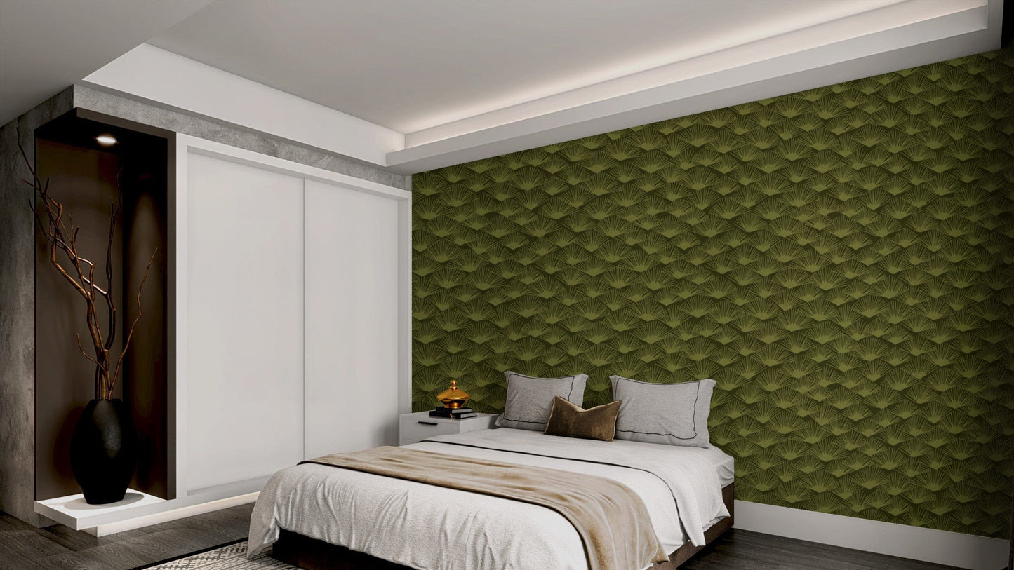 Mystic Moss Fanfare wallpaper with elegant green fan motifs.
