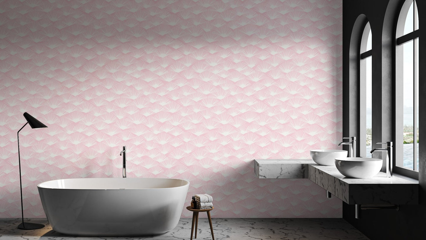 Tropical Blush Fanfare wallpaper with soft pink palm patterns.

