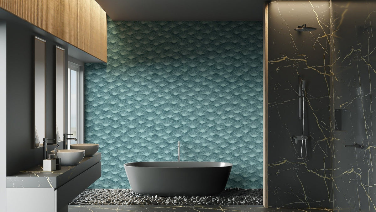 Artistic Tropical Teal Fanfare wallpaper for tropical-themed decor. AN122