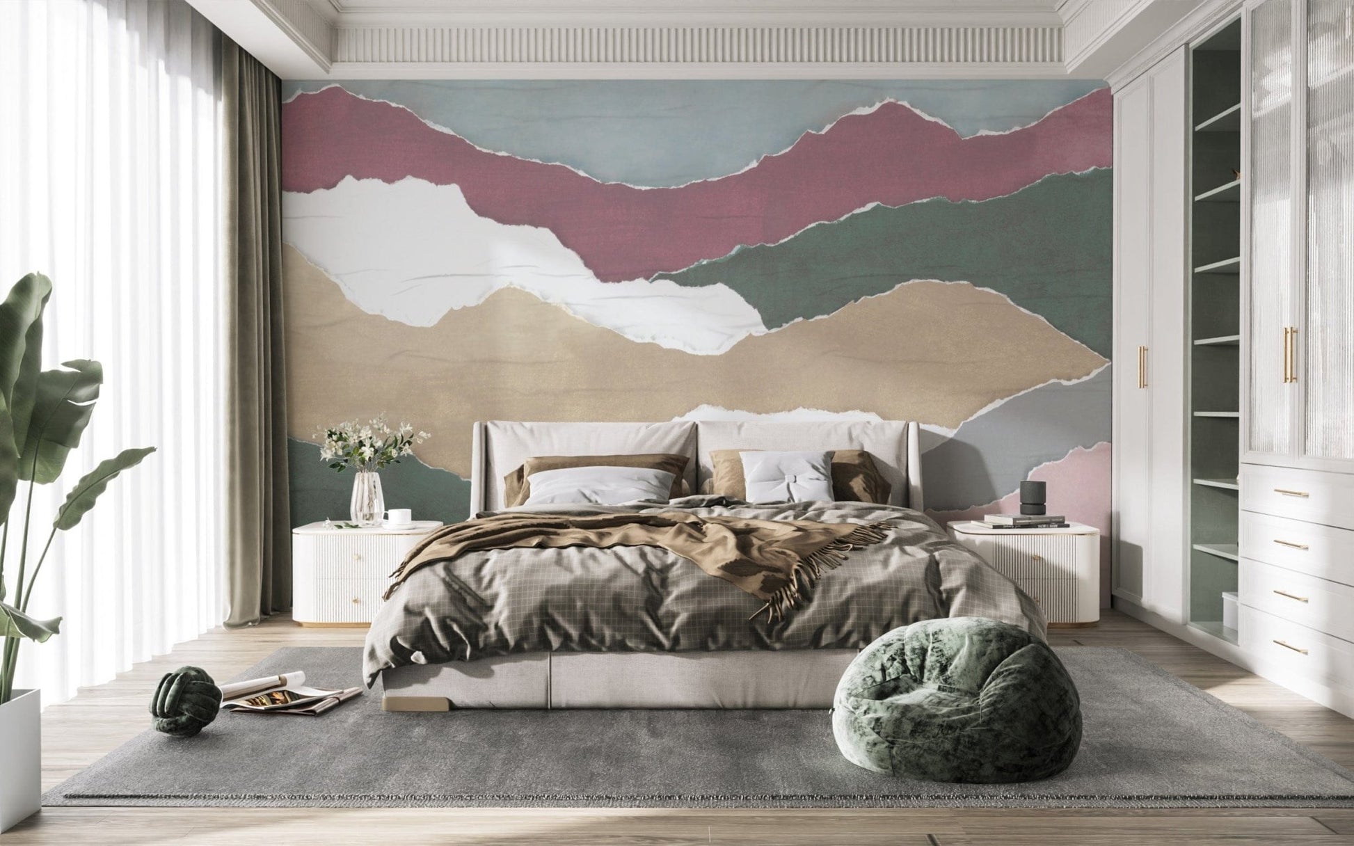 "Torn paper collage wallpaper in muted shades"
