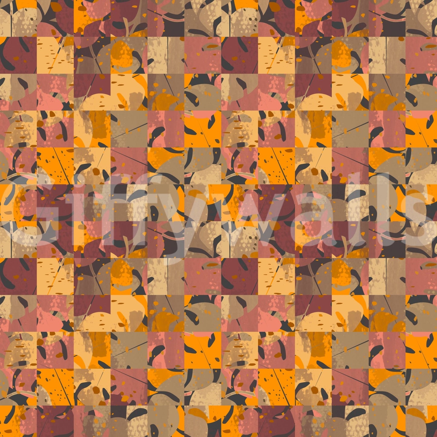 Corner of a hallway showcasing the bold Abstract Patchwork Wall Mural design.