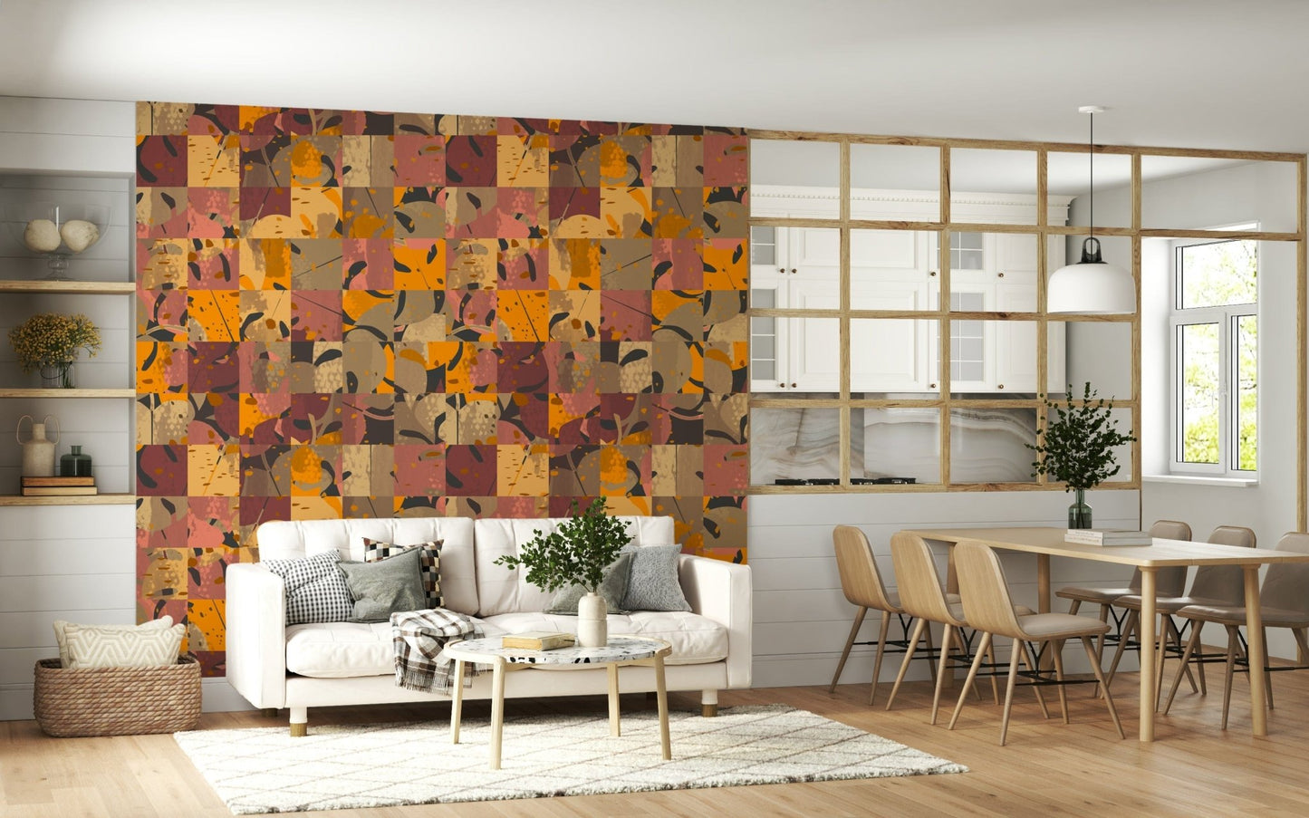 Abstract Patchwork Wall Mural geometric design featured in a chic sitting area.
