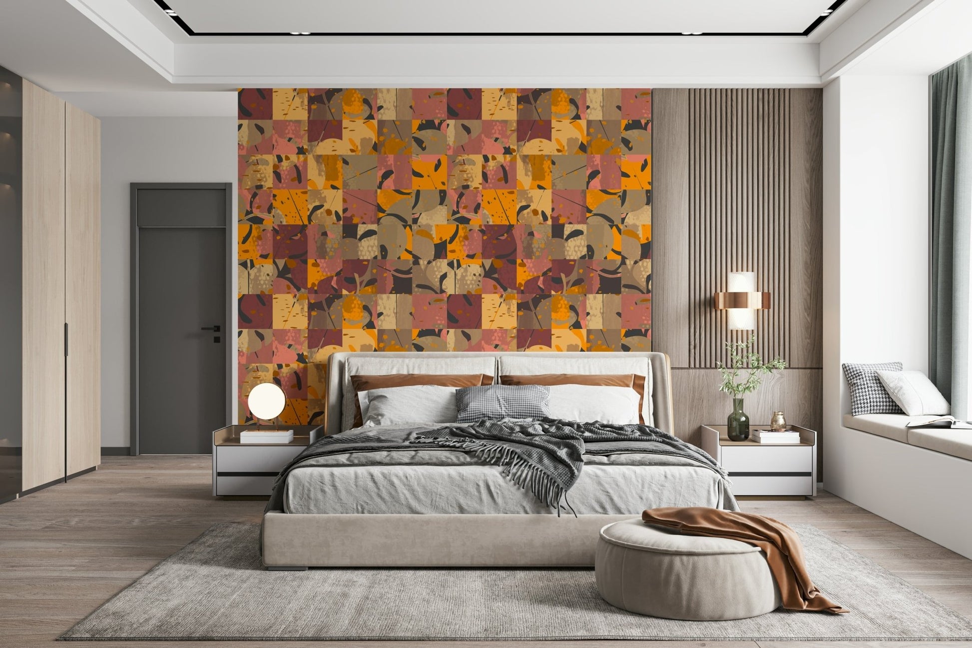Art wallpaper mural called Abstract Patchwork provides an accent surface.