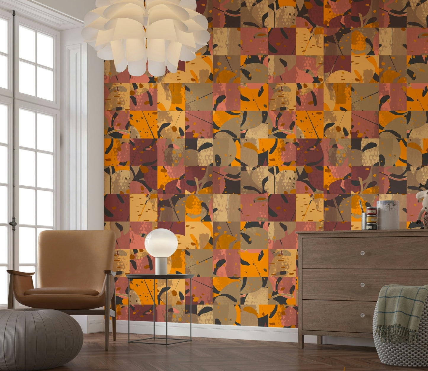 Mid-century modern room highlighting the peel and stick Abstract Patchwork Wall Mural.