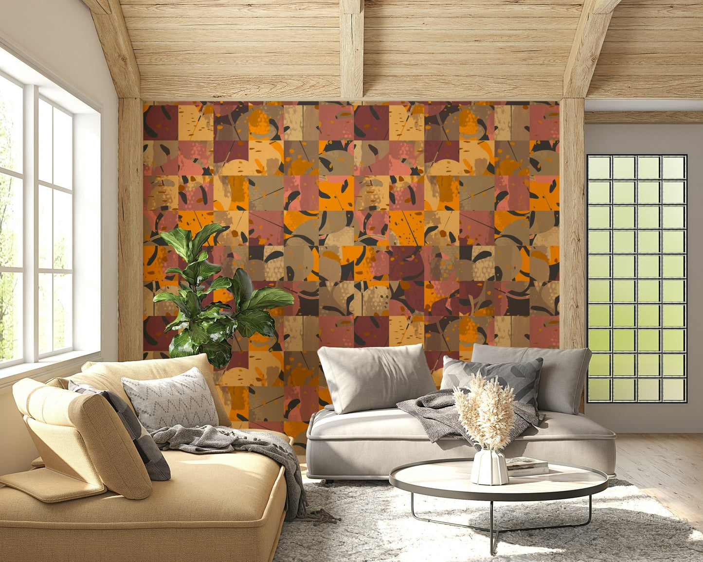 Textural appearance of the geometric design in the Abstract Patchwork Wall Mural.