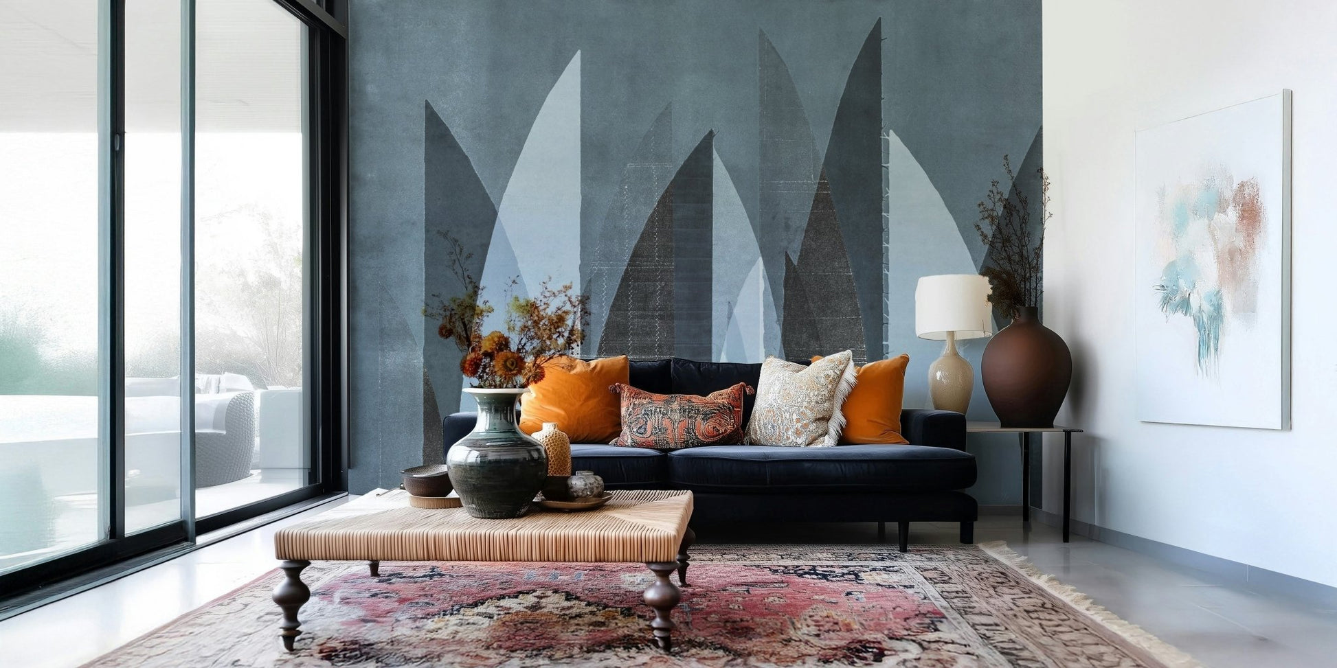 A beautiful modern art wall mural of abstract peaks.

