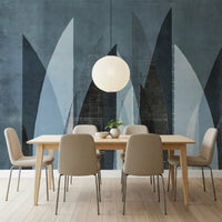 An artistic abstract landscape mural on minimalist wallpaper.

