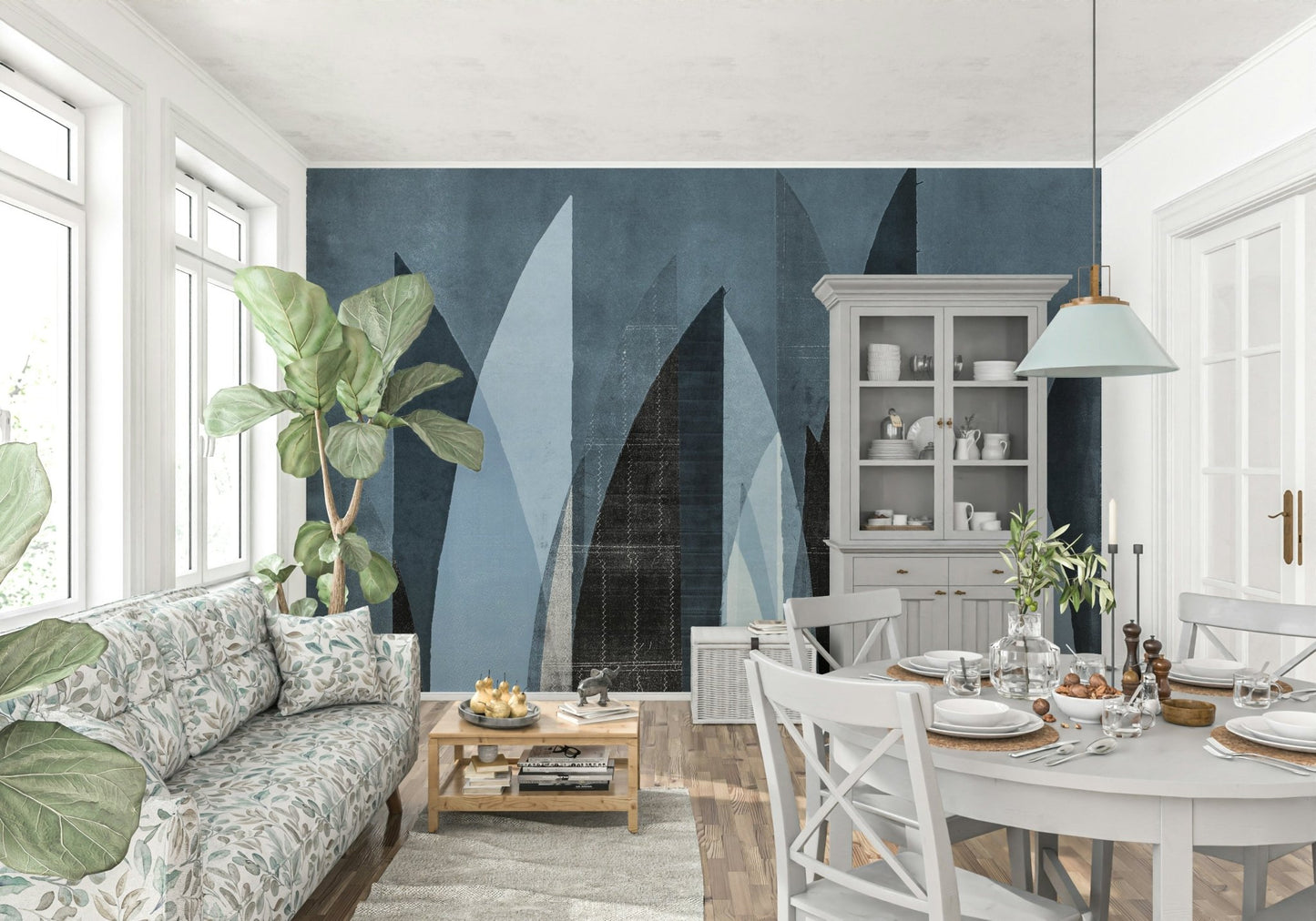 A peaceful geometric design mural on decorative wallpaper.

