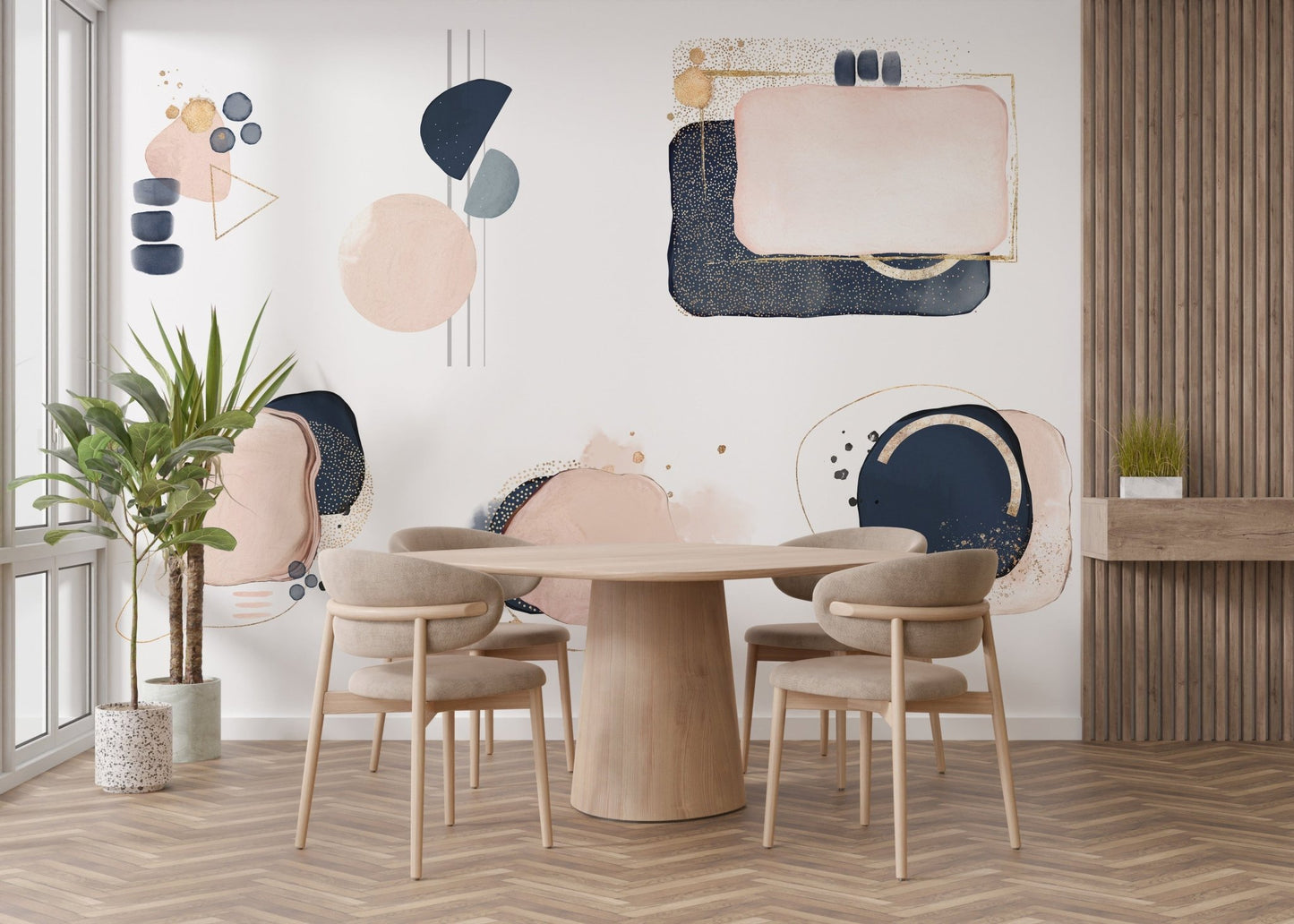 Abstract pink and navy shapes mural