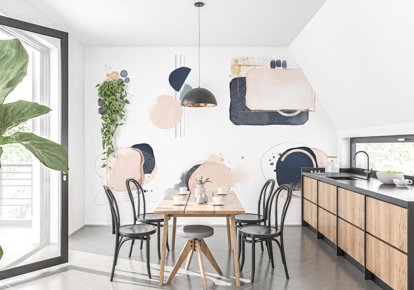 Artistic abstract shape mural with gold detailing.