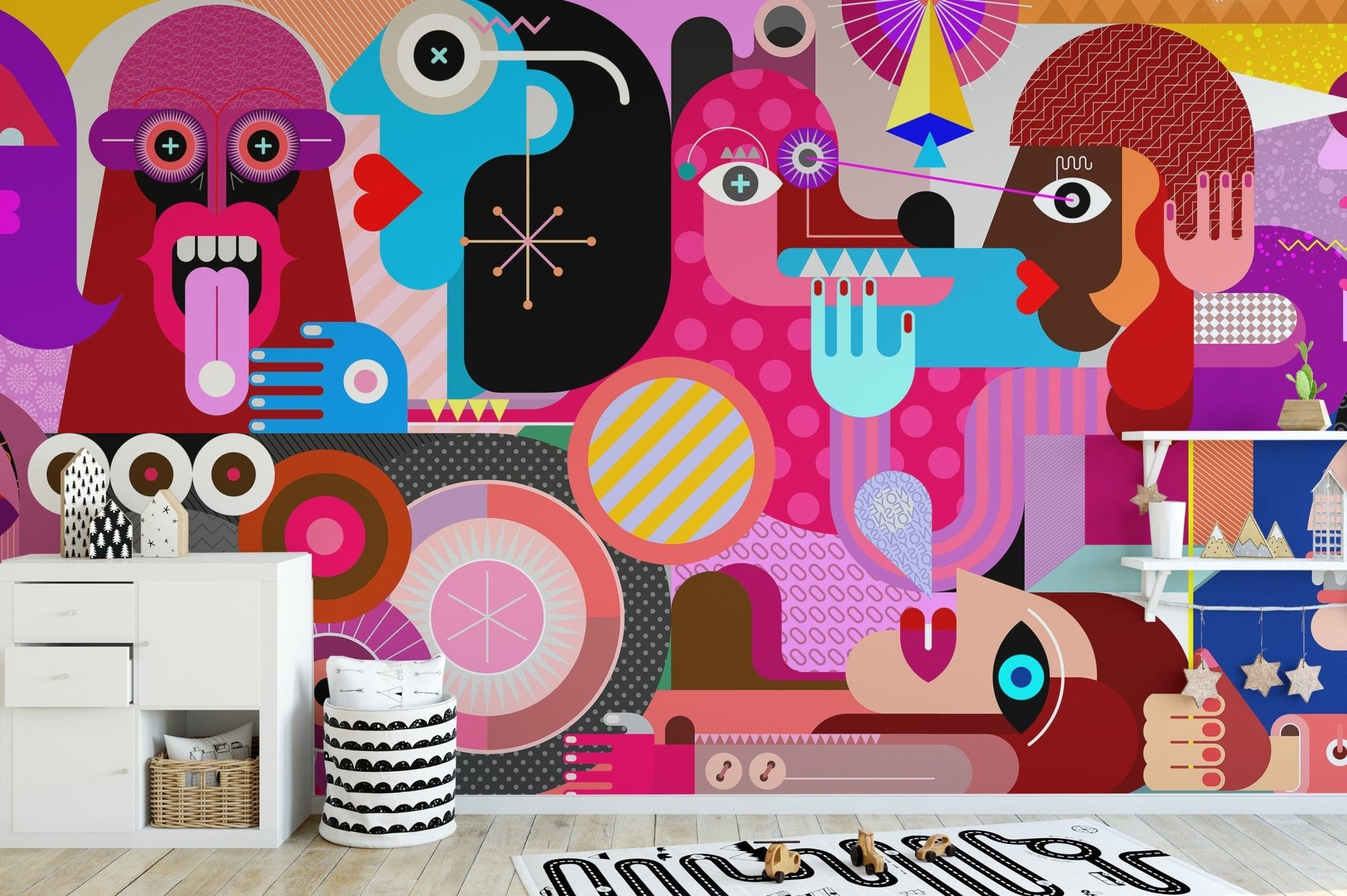 Abstract faces mural with bold graphics, B349