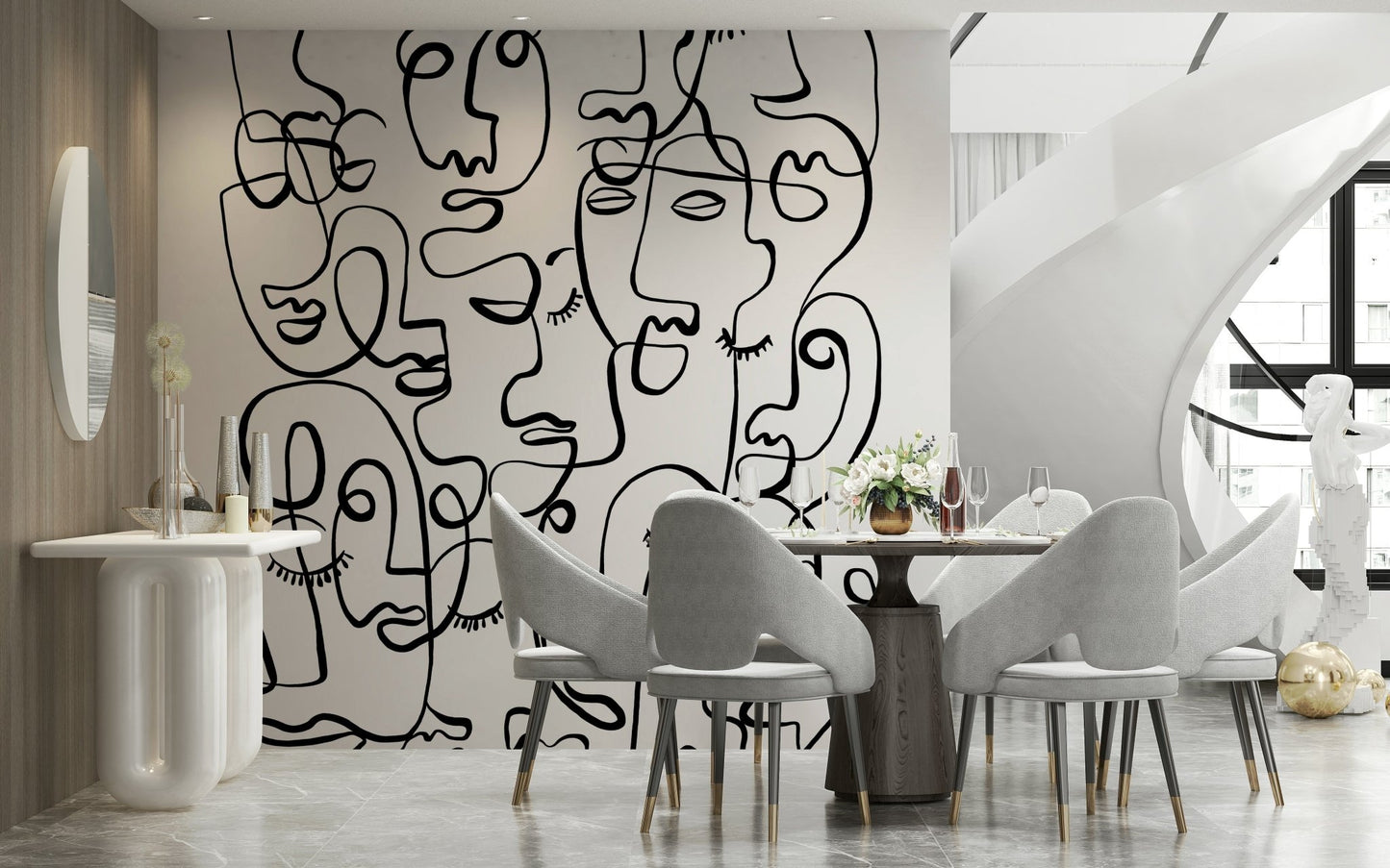 Line art face wallpaper mural for a modern bedroom feature wall.