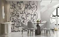 Line art face wallpaper mural for a modern bedroom feature wall.