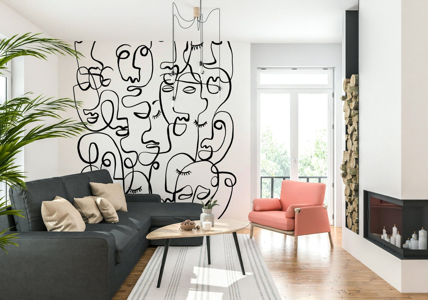 Trendy line drawing wallpaper mural for a home office backdrop.