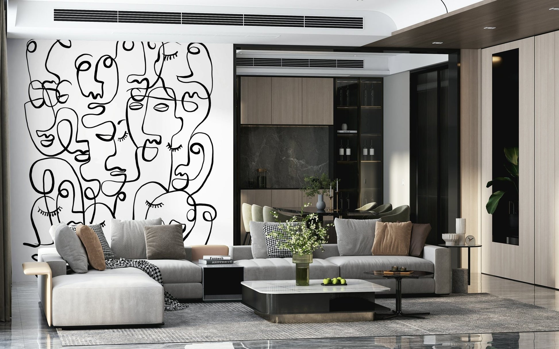 Minimalist portrait wallpaper mural in a contemporary hallway space.