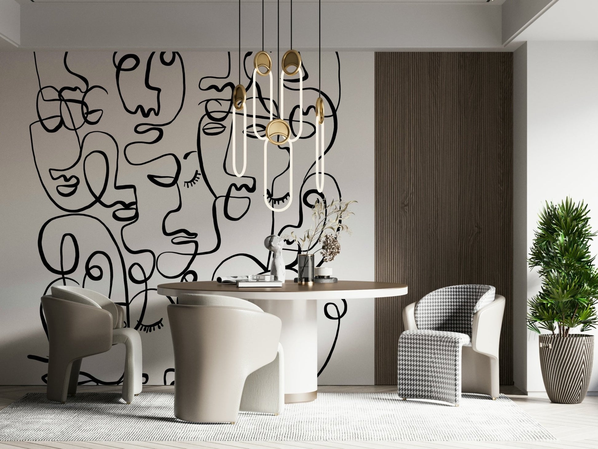 Modern face sketch wallpaper mural for a guest room accent wall.
