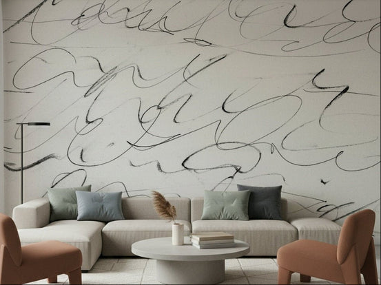 Monochrome calligraphic wall mural adding raw energy to a living room., GD5484