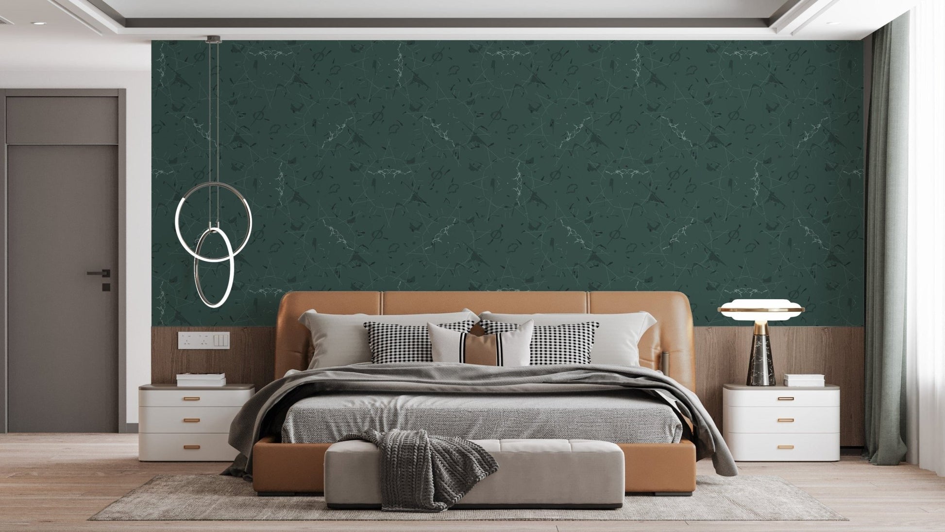 Elegant dark green line art pattern wallpaper.