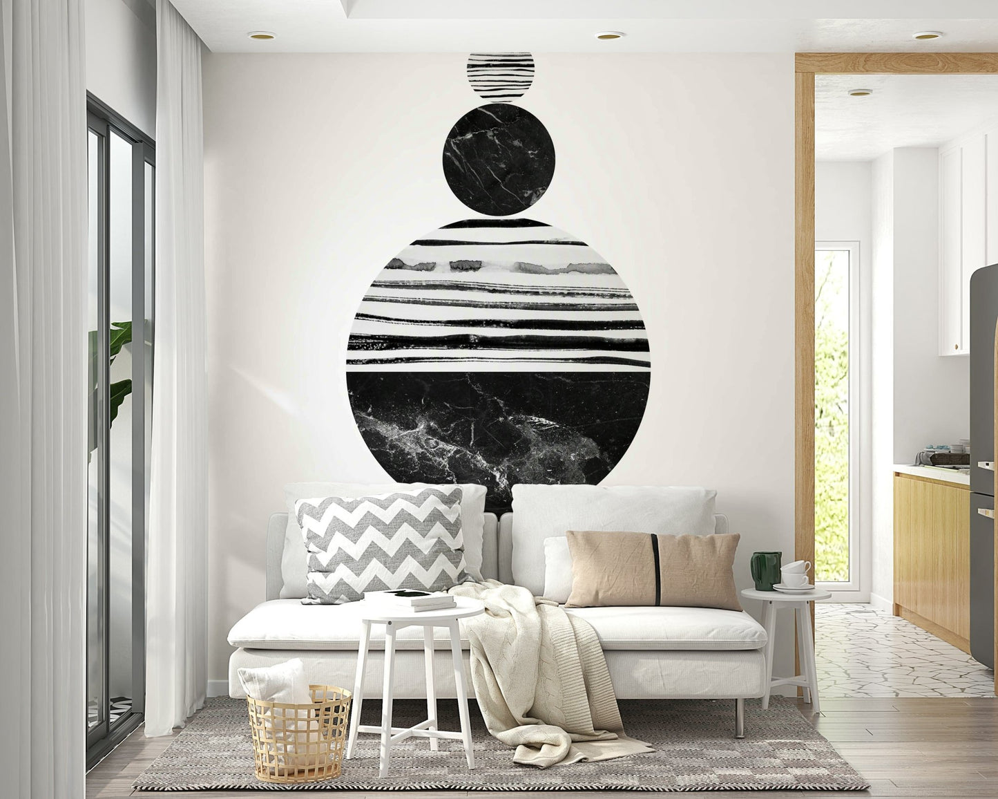 Series of marble-textured and striped black and white circles stacked vertically.

