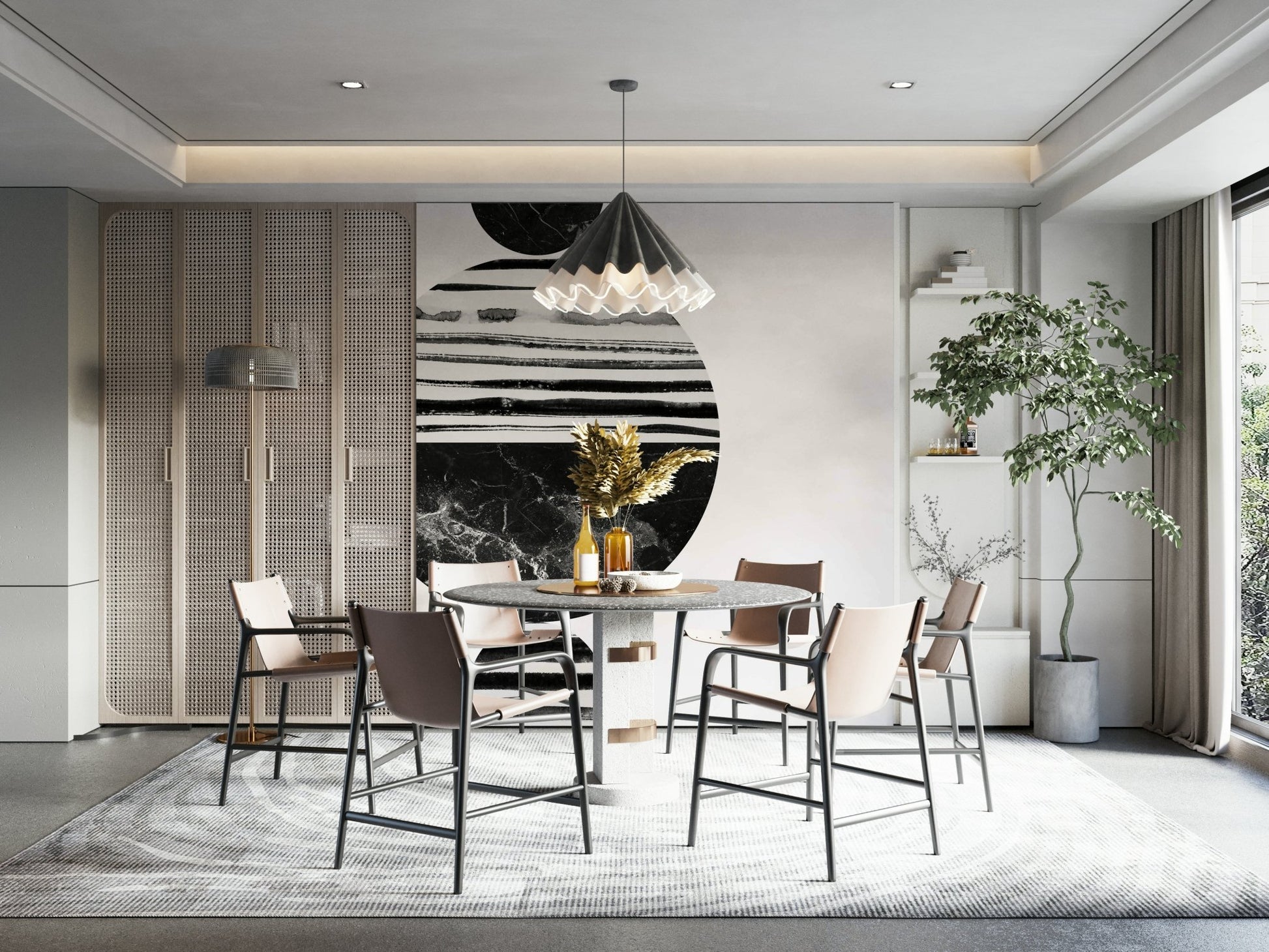 Monochrome minimalist artwork of layered marble-patterned spheres.


